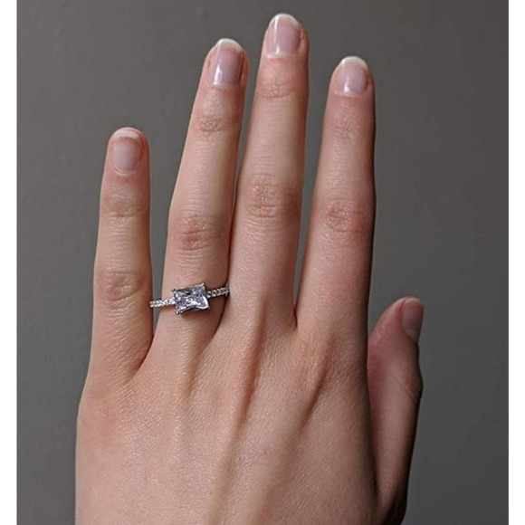 East West Baguette Cut Prong Set Engagement Ring - Picture 1 of 3